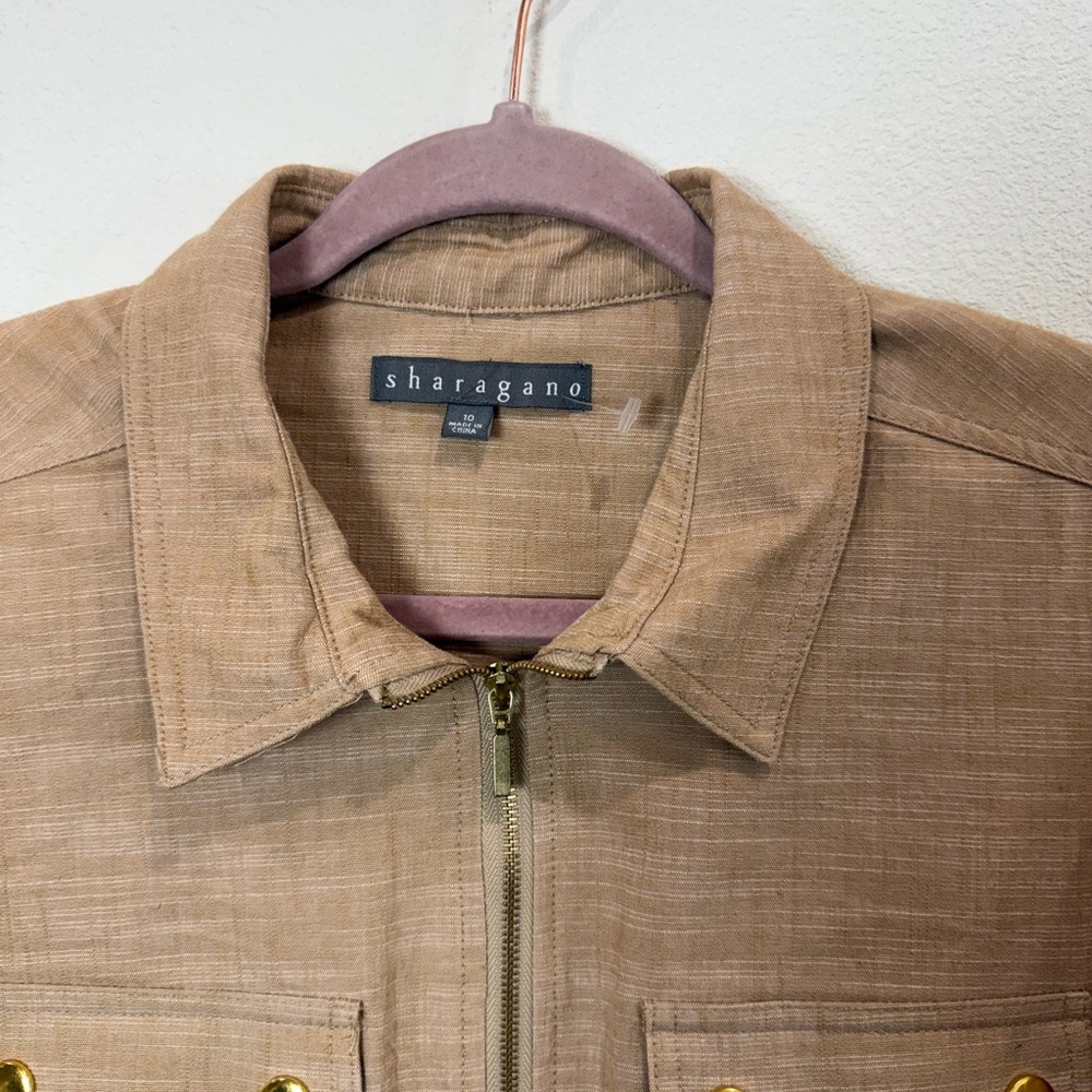 Sharagano Safari Shirt Dress Tan Utility Belted Gold Button Zip Front Size 10 - Picture 5 of 9